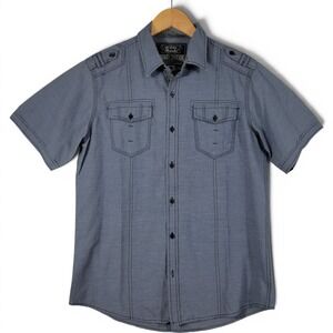 Broken Threads Button Up Mens Large Blue Short Sleeve Epaulettes Contrast Stitch